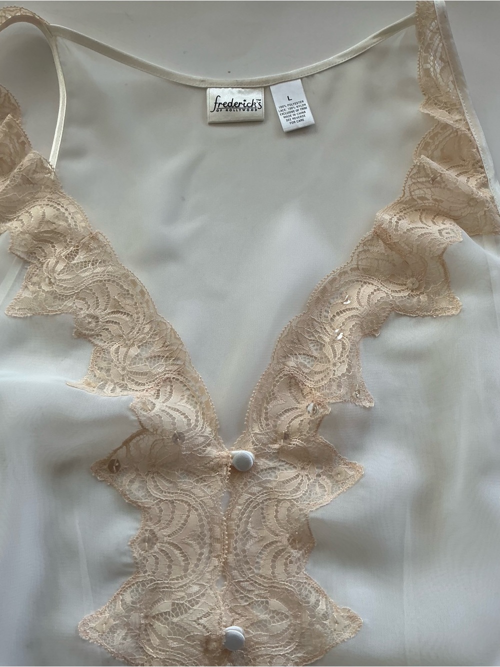 Frederick's of Hollywood Sheer Chemise with Lace Trim in Nude/White - Picture 6 of 8
